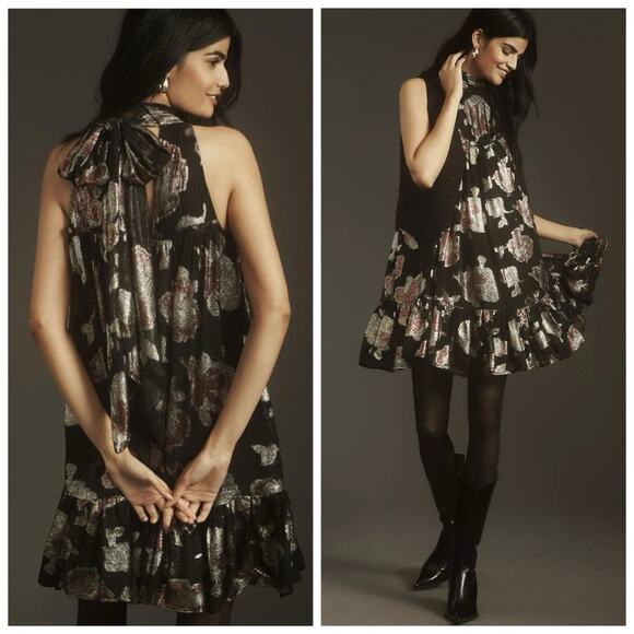 Maeve Anthropologie Halter Neck Shine Metallic Mini Swing Dress Black Floral XS - Picture 1 of 8